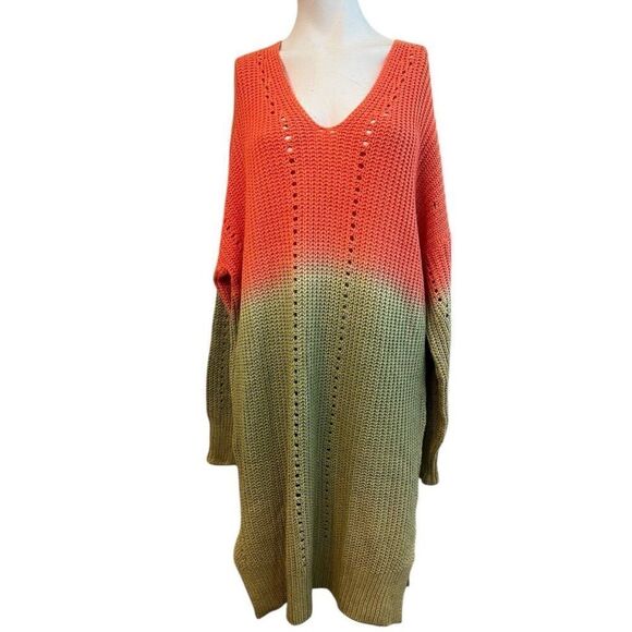 Umgee Dresses & Skirts - Womens XL V Neck Ombré Sweater Dress Open Knit Orange Green NWT Umgee